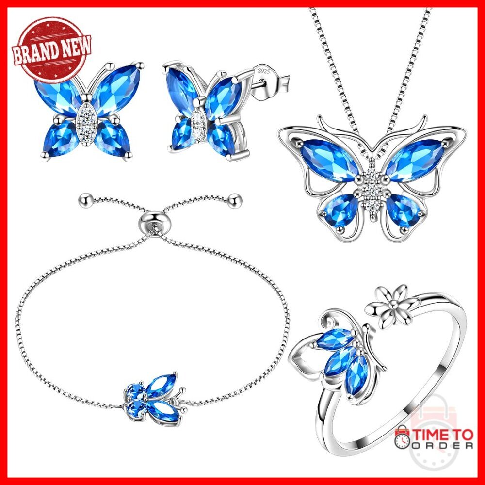 925 Sterling Silver Butterfly Jewelry Set Pendant Ring Earrings Bracelet